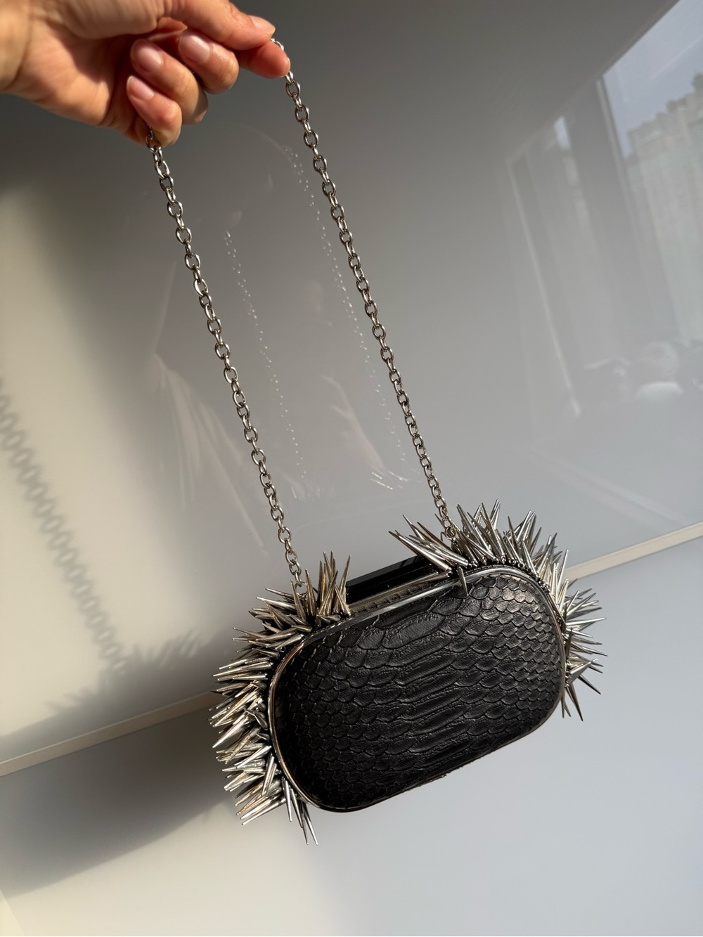 BCBGMaxAzria Black Textured Spike-Trim Chain Crossbody
